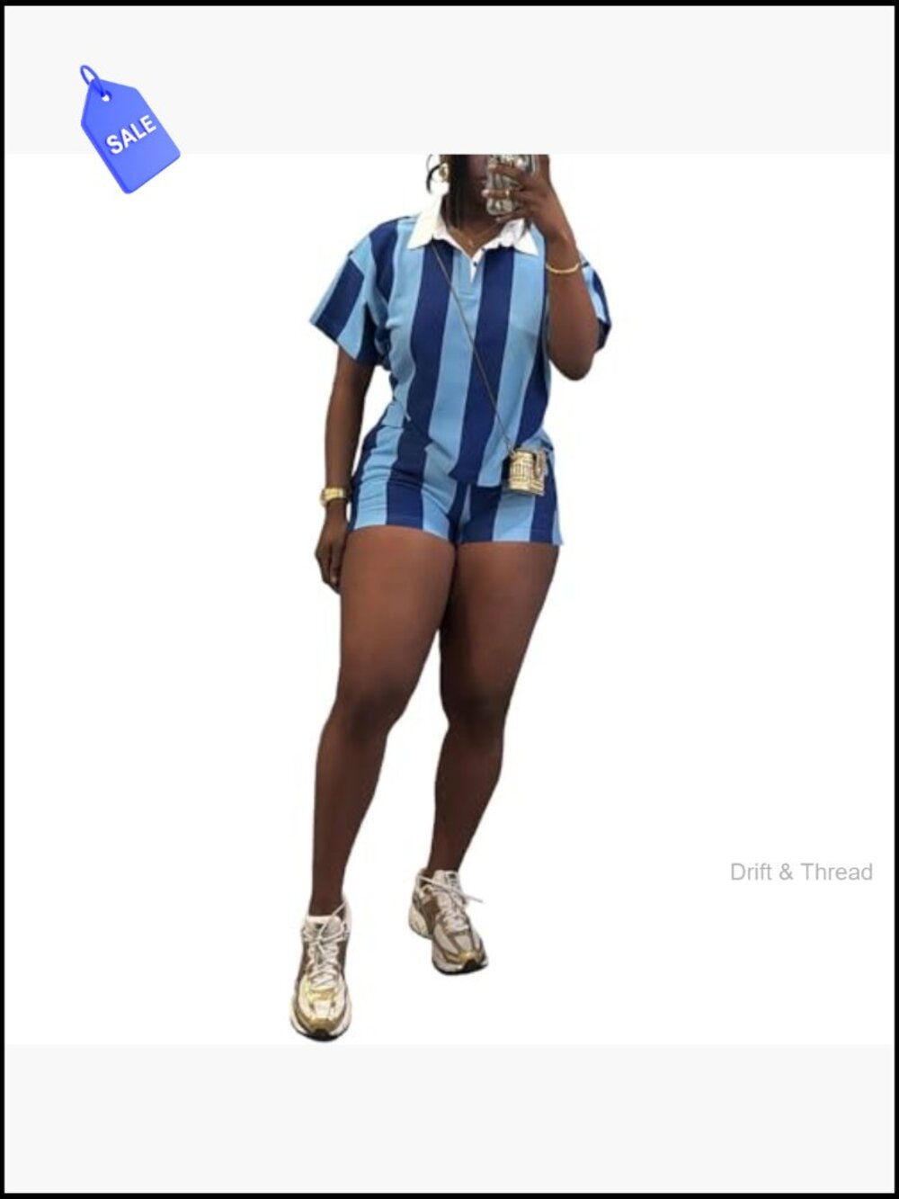 2 Piece Summer Striped Polo Shirt and High Waisted Shorts Set for Women Active - Picture 3 of 6